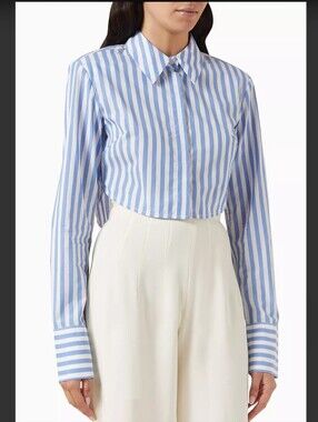 STAUD Seneca Blue & White Striped Cropped Button-Down Shirt